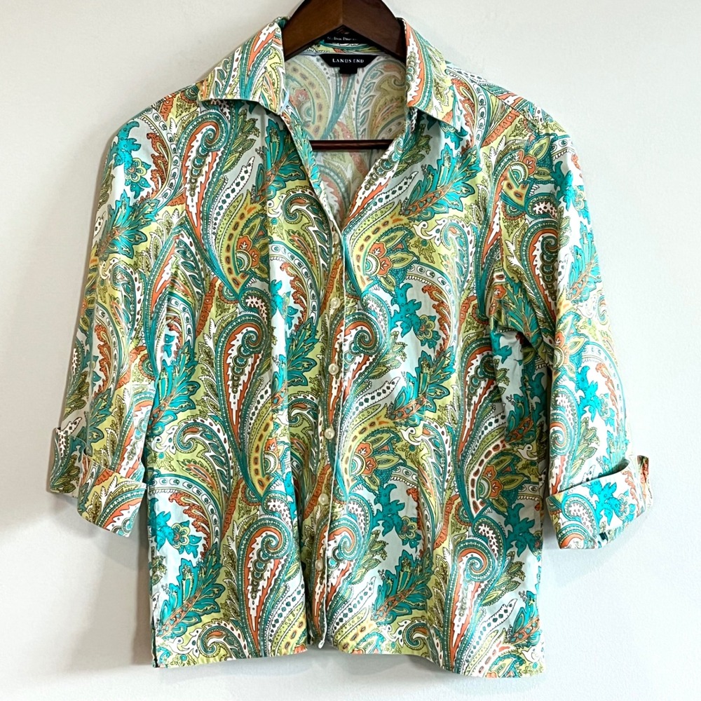 Lands End No Iron Pinpoint Oxford Paisley Button Down Shirt Teal Orange 10P